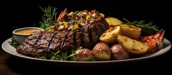 Expensive wedding serving fancy cajun shrimp and steak with potatoes dinner