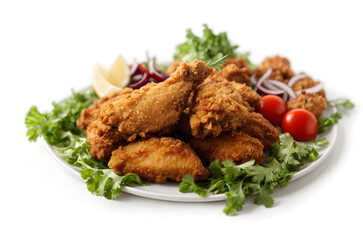 Crispy fried chicken wings with lettuce and cherry tomatoes on white background.
