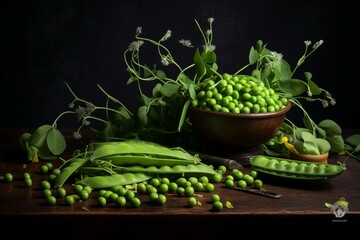 Fresh sprouts of peas on a dark table. Generative AI