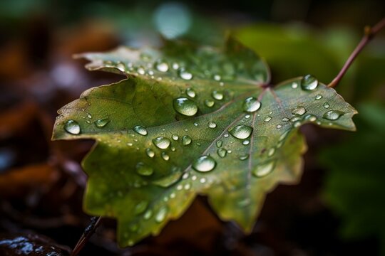 A detailed image of a wet leaf with droplets, surrounded by blurred foliage in the foreground and background. Generative AI