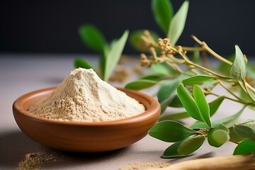 Ashwagandha plant in stem and powder form on plain background with selective focus. Generative AI