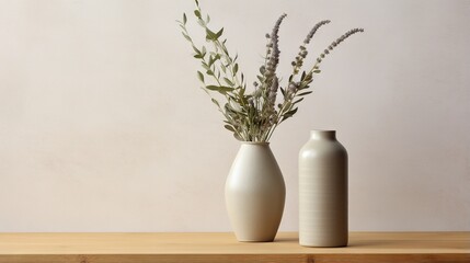  two white vases with plants in them on a table.  generative ai