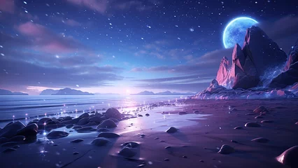 Zelfklevend Fotobehang This is a surreal and exquisite CG rendering. Night, the light blue of the sky, covering the beach glaciers, purple crystal heart stone, light path, feathers, moon, stars, art, high resolution. © margarit