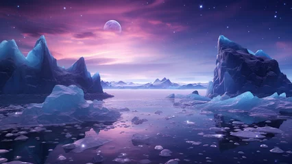 Keuken spatwand met foto This is a surreal and exquisite CG rendering. Night, the light blue of the sky, covering the beach glaciers, purple crystal heart stone, light path, feathers, moon, stars, art, high resolution. © margarit