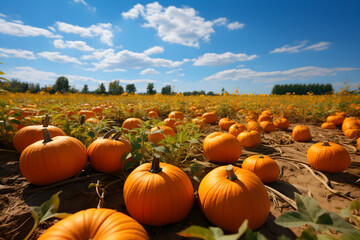 Pumpkin field in autumn with many orange pumpkins ready for harvest, AI Generated