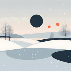 Abstract winter landscape with fields, trees. Grey sky with clouds and planets.