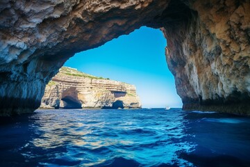 A sight of Malta's stunning Blue Grotto from the Mediterranean Sea. Generative AI - obrazy, fototapety, plakaty