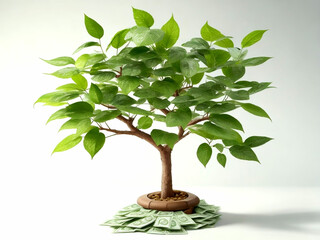 Little Money tree on the top, holding lots of paper dollars on the leaf with Generative Ai