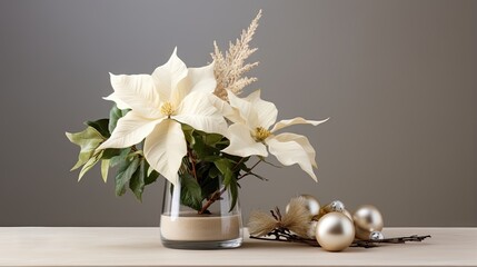  a vase filled with white flowers next to christmas ornaments on a table.  generative ai