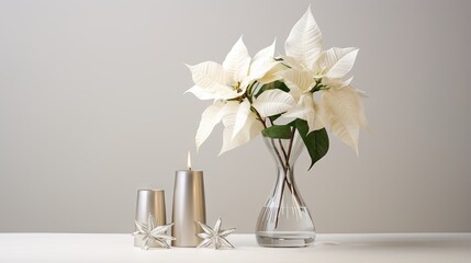  a vase with flowers and candles on a white table top.  generative ai