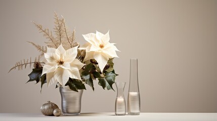  a vase filled with white flowers next to two tall vases.  generative ai