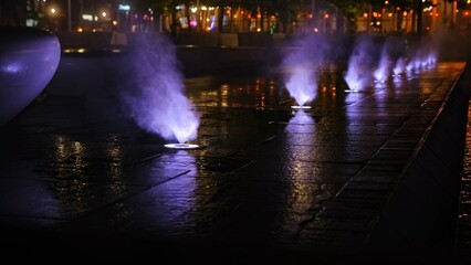Colorful City Square Mist Fountain with Water Sprinklers Illuminated by LED Lamps