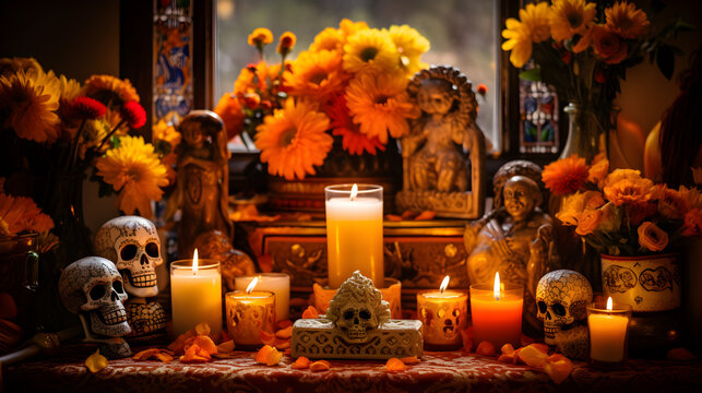 Honoring Ancestors: Skeleton Head, Candle, and Flowers for Day of the Dead