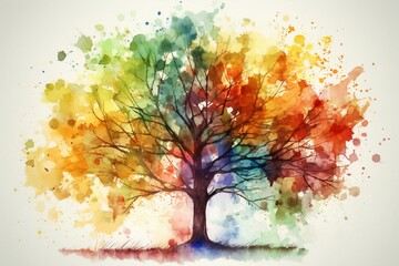 Colorful watercolor painting of a tree with rainbow colors. Generative AI