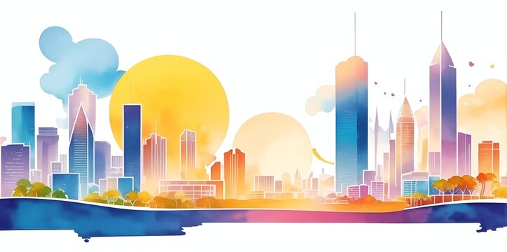 Watercolor Modern City silhouette. AI generated illustration