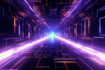 Fly through glowing cyberspace with sci-fi hi-tech tunnel and holographic pattern. 3D seamless 4K data flow background. Generative AI