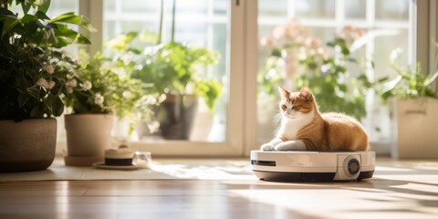 A Cat Sits on a Robot Vacuum Cleaner in a Contemporary Living Room with a View of the Summer Garden Through a Large Window - obrazy, fototapety, plakaty