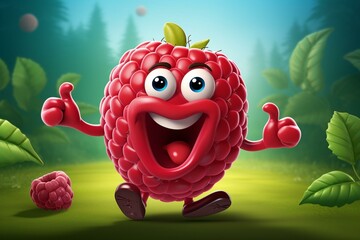 A joyful raspberry cartoon character. Generative AI