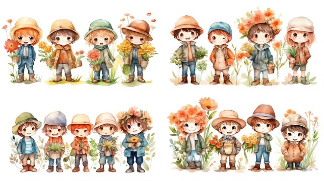 watercolor style illustration of group of cute farmer boy wearing Overall pants and hat with flower blossom, isolated on white background, collection set, Generative Ai
