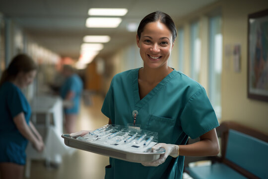 Hispanic nurse distributing medicines in a hospital. A middle-aged nurse holding a tray with medicines.