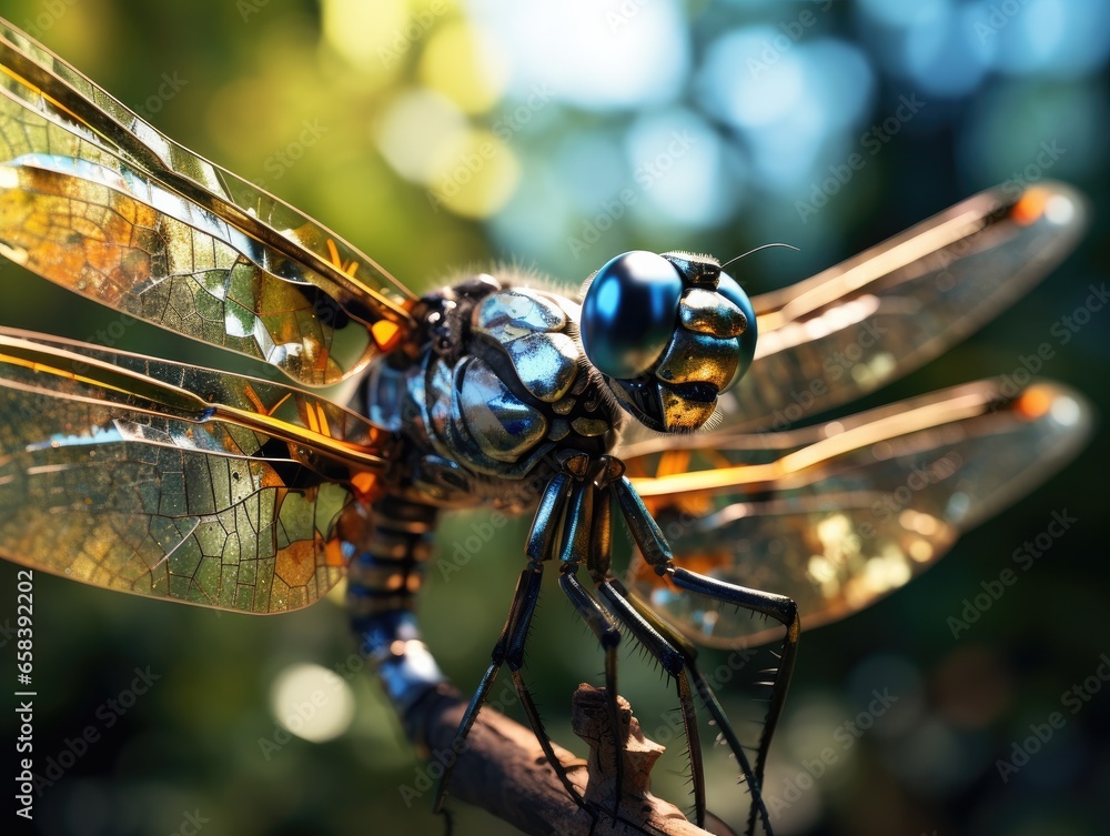 Poster a close up of a artificial futuristic dragonfly. generative ai.
