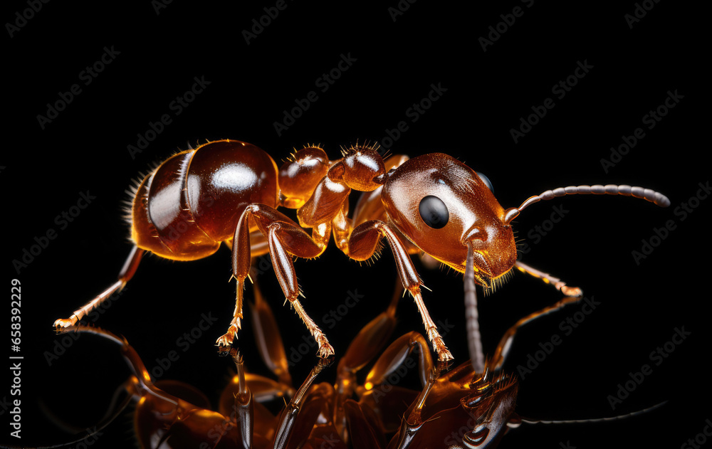 Poster a close up of a small ant on a black surface. generative ai.