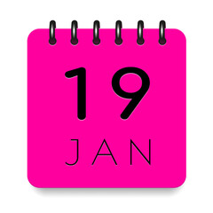19 day of the month. January. Pink calendar daily icon. Black letters. Date day week Sunday, Monday, Tuesday, Wednesday, Thursday, Friday, Saturday. Cut paper. White background. Vector illustration.