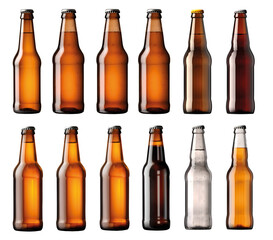 Various glass beer bottles without a label. Transparent background illustration. 