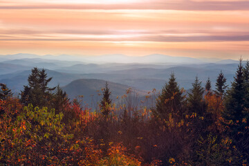 An overhead view of the tops of mountain ranges on an autumn day. Vermont.USA.