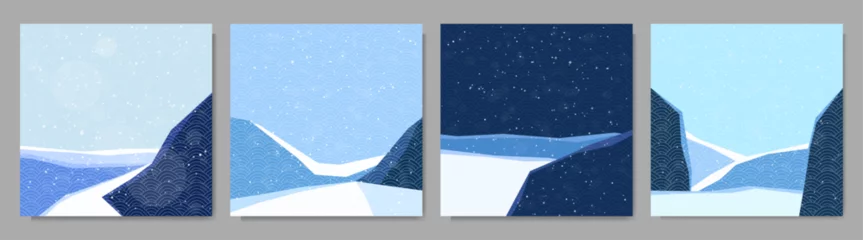 Fototapeten Vector polygonal illustration. Abstract flat minimalist design landscape set. Winter cold snowy season. Japanese line pattern. Vintage nature graphic. Day, night scene. Clear sky. Mountains, forest © VVadi4ka
