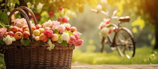 Spring picnic outing with wild flowers in a bicycle basket by blooming apple trees in a garden