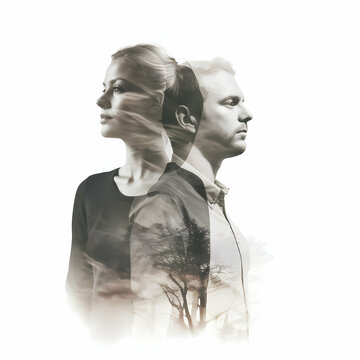 Photo man and woman love, double exposure of couple 