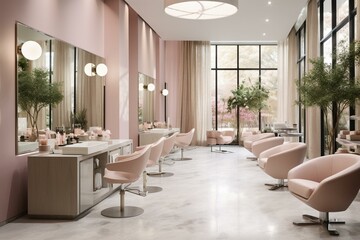 Modern salon interior with spa and beauty elements, featuring hairdresser, hair, and nail salon. Generative AI