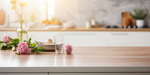 Empty kitchen table top, modern kitchen interior blurred background, clean and bright, ready for product montage.