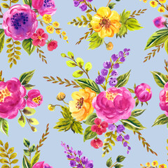 Seamless pattern of bouquets of watercolor flowers on a blue background, print for fabric and other surfaces. - 658394485