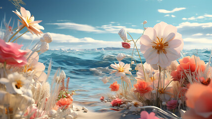 a Field with wild flowers growing at a beach at sea - concept art. 