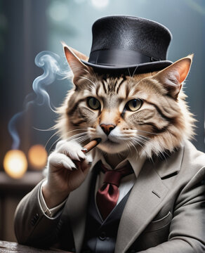 portrait of beautiful cinematic picture of a cat mobster, smoking his cigar . shallow depth of field