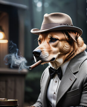 portrait of beautiful cinematic picture of a dog mobster, smoking his cigar . shallow depth of field