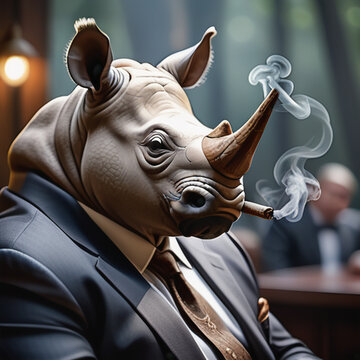portrait of beautiful cinematic picture of a rhino mobster, smoking his cigar . shallow depth of field