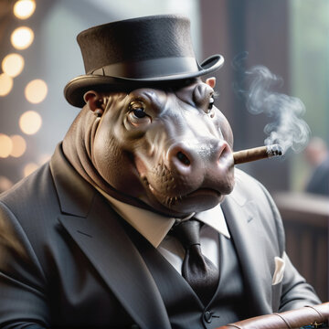 portrait of beautiful cinematic picture of a hippo mobster, smoking his cigar . shallow depth of field