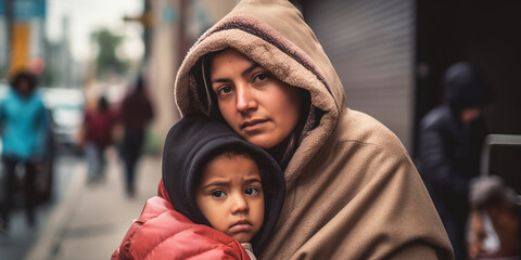 A young immigrant homeless woman with a child. Generative AI.