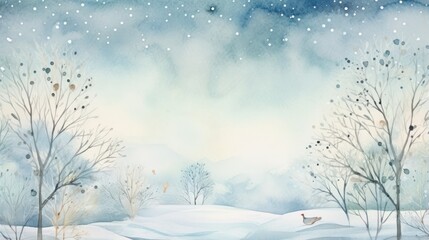 Whimsical winter scene with hand-drawn trees and a watercolor frame.