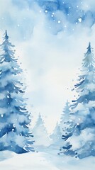 Snowy trees with a blue watercolor background and a frame