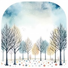 Whimsical winter scene with hand-drawn trees and a watercolor frame.