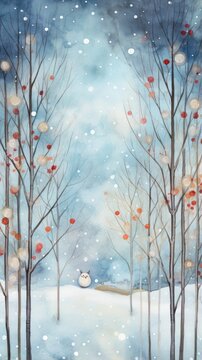 Whimsical winter scene with hand-drawn trees and a watercolor frame. © olegganko