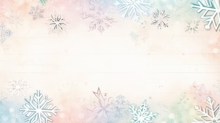 Fototapeta na wymiar Pastel winter snowflakes with a watercolor border and wooden frame