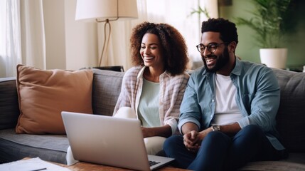 Happy Multiracial Couple is seated on their sofa, browsing the internet on their laptop.