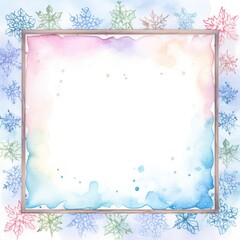 Pastel winter snowflakes with a watercolor border and wooden frame