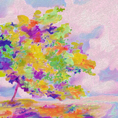 Impressionistic Autumn Tree on the Lake Shore - social media ad/post, Painting, Illustration, Art, Artwork, design, flier, invitation, Background, Backdrop, publication, Advertisement, Ad, Cover,