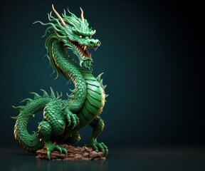 Fototapeta premium Figure of green dragon on dark background, symbol of new year according to Chinese lunar calendar. 